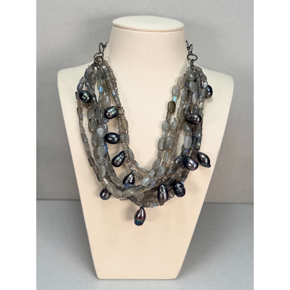 Labradorite Gray Pearl Multi Strand Necklace Sterling Silver Clasp Statement